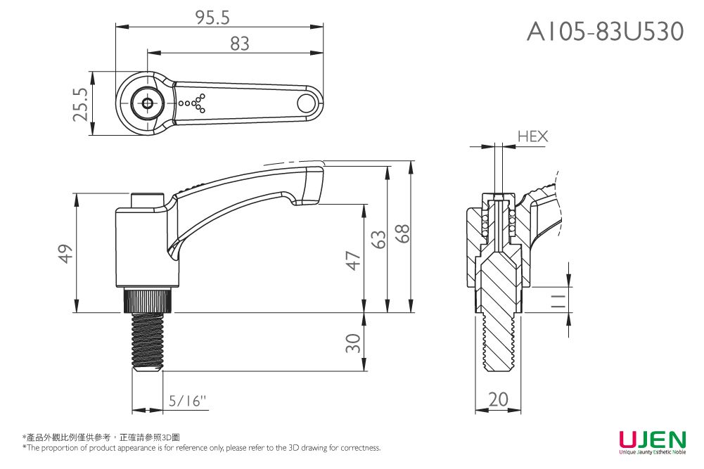 Dibujo dimensional del tornillo de mango ajustable de plástico