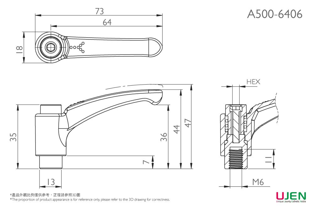 Dessin dimensionnel d'écrou à poignée réglable en zinc