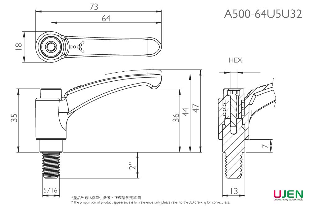 Dibujo dimensional del tornillo de mango ajustable de zinc