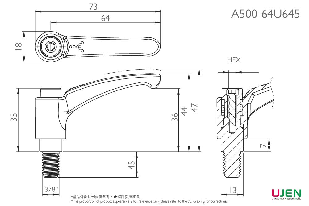 Dimensional drawing of Zinc Adjustable Handle Screw