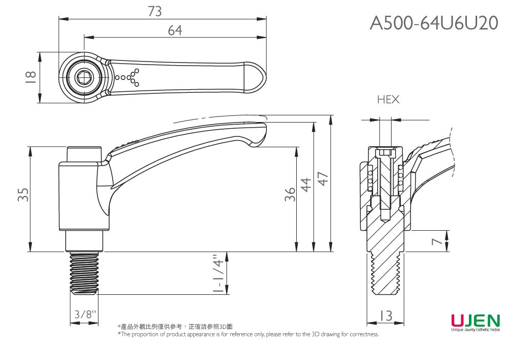 Dibujo dimensional del tornillo de mango ajustable de zinc
