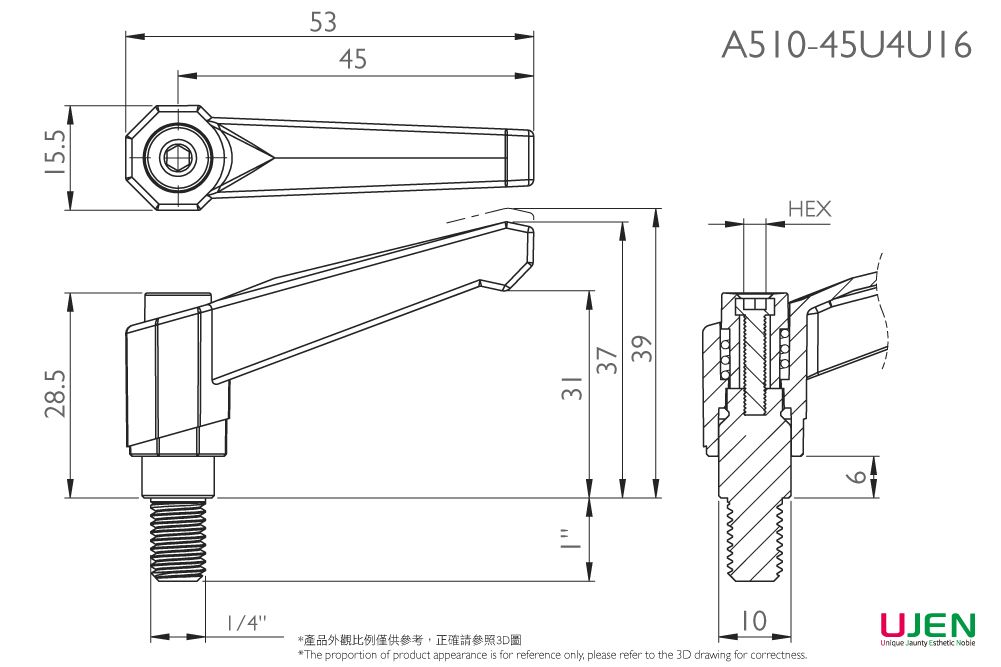 Размерный чертеж винта с регулируемой ручкой из цинка