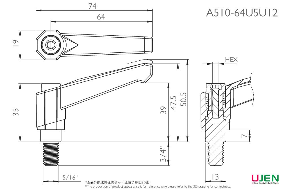 Dibujo dimensional de tornillo de mango ajustable de zinc