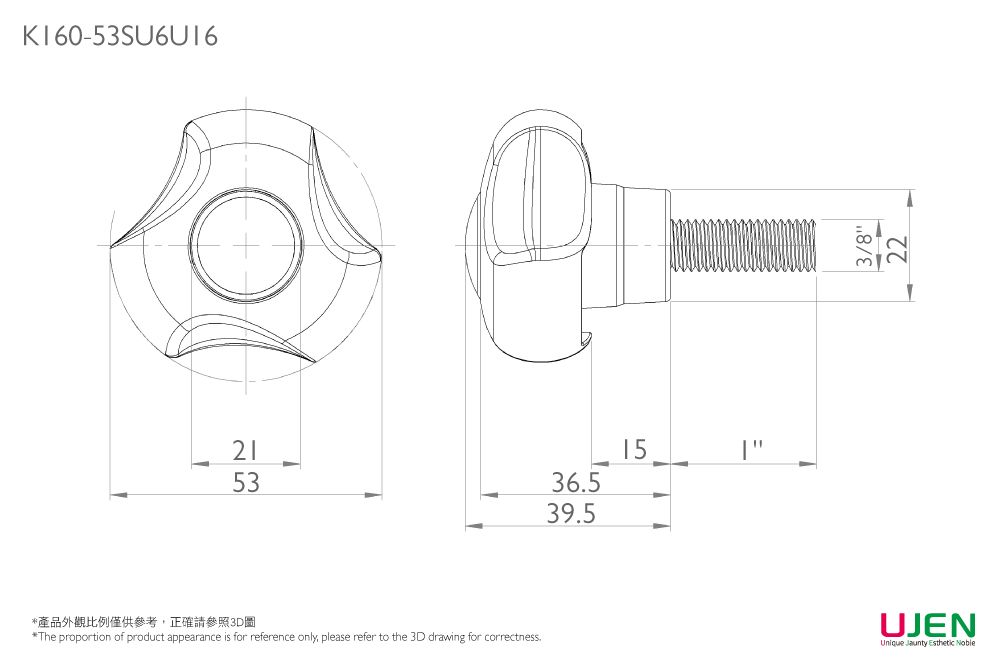 Wymiarowy rysunek pokrętła zaciskowego z śrubą