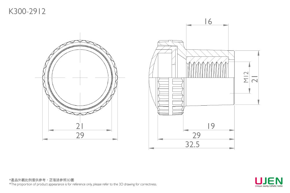 Rozměrový výkres matice ovládacího knoflíku s upínacím úchopem